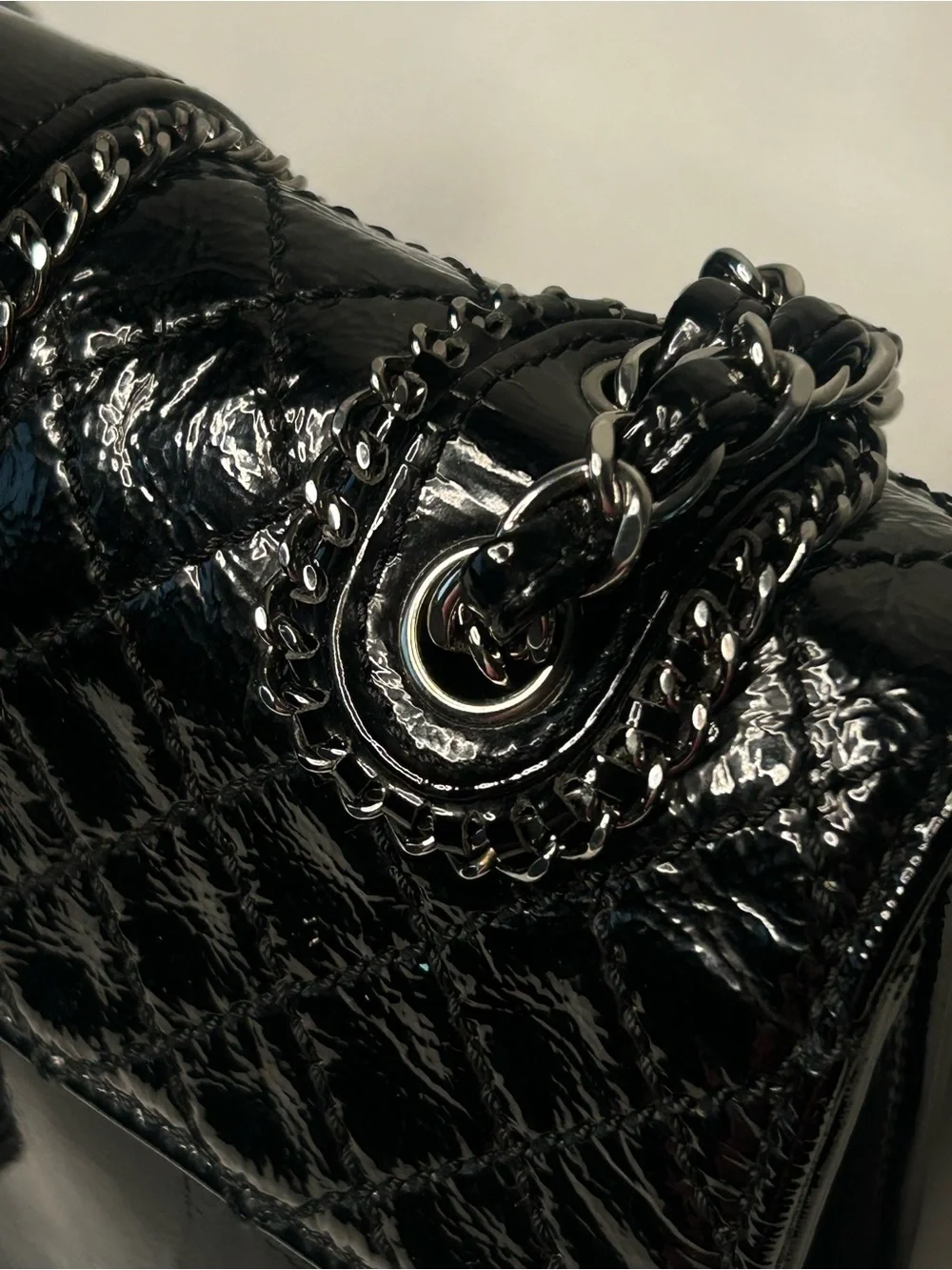 CHANEL Madison Medium Quilted Flap Shoulder Bag Patent Leather Black